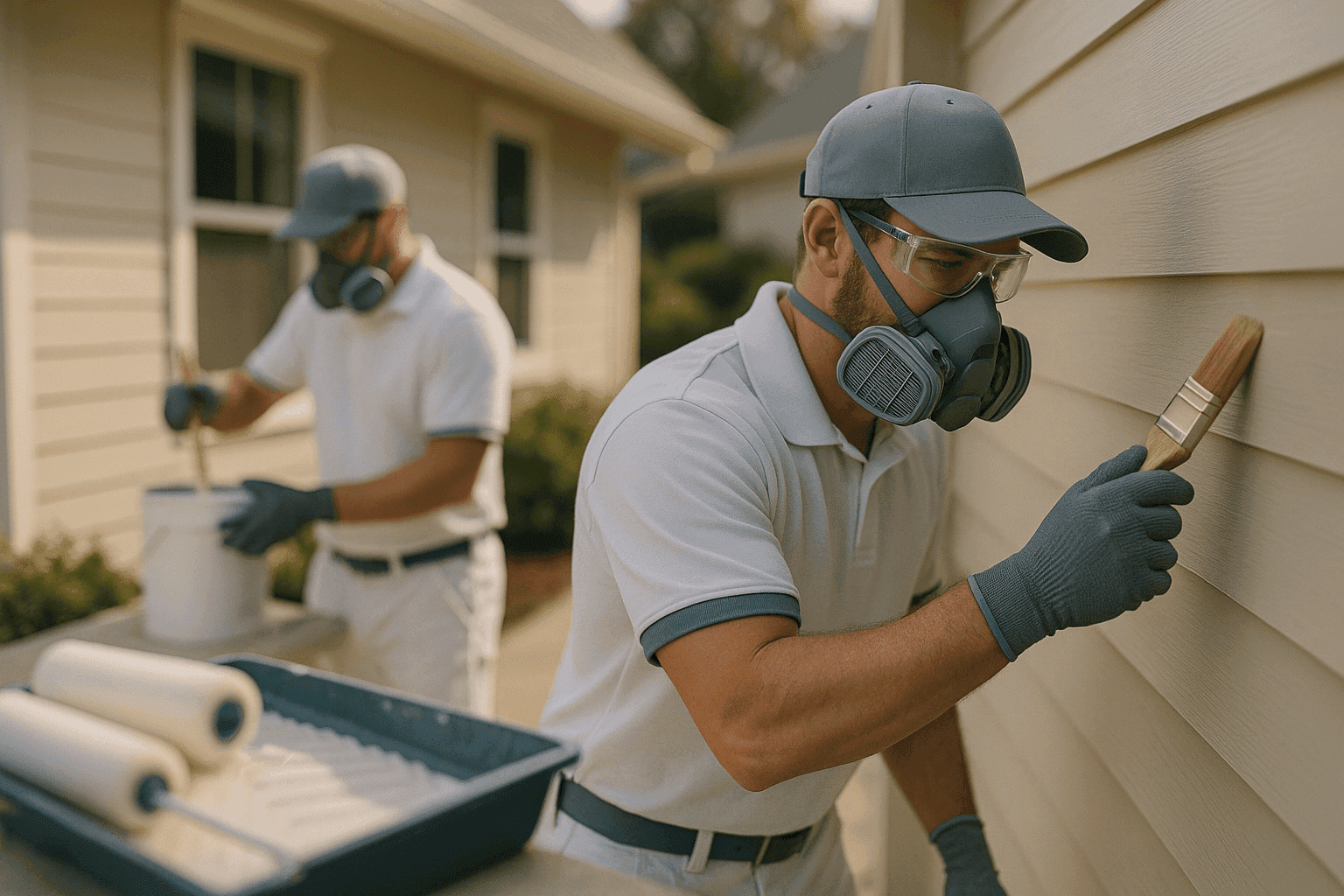 Two professional painters in PPE applying exterior paint on a residential house wall.